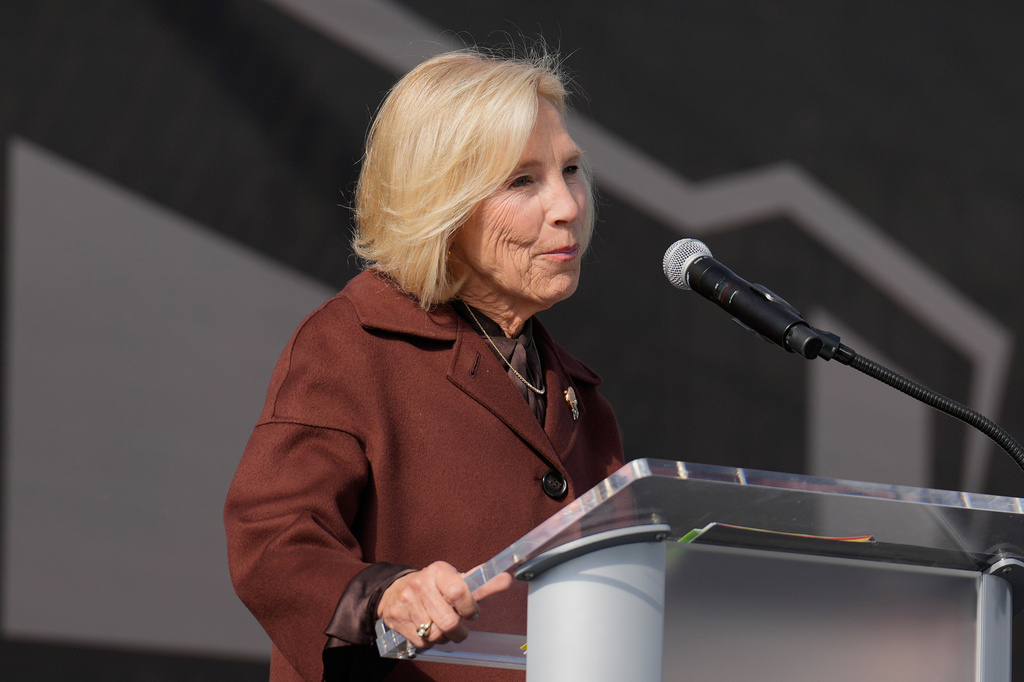 Dee Haslam, one of the principal owners of the Cleveland Browns, speaks during groundbreaking ceremonies for the team's new stadium in Brook Park, Ohio, Thursday, April 30, 2026. (AP Photo/Sue Ogrocki)