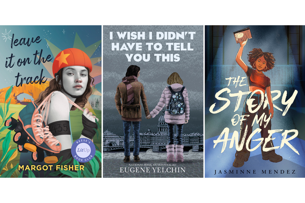 This combination of book covers shows “Leave It on the Track” by Margot Fisher, left, "I Wish I Didn't Have to Tell You This" by Eugene Yelchin, center, and “The Story of My Anger” by Jasminne Mendez. (Dutton Books for Young Readers/Candlewick/Dial Books via AP)