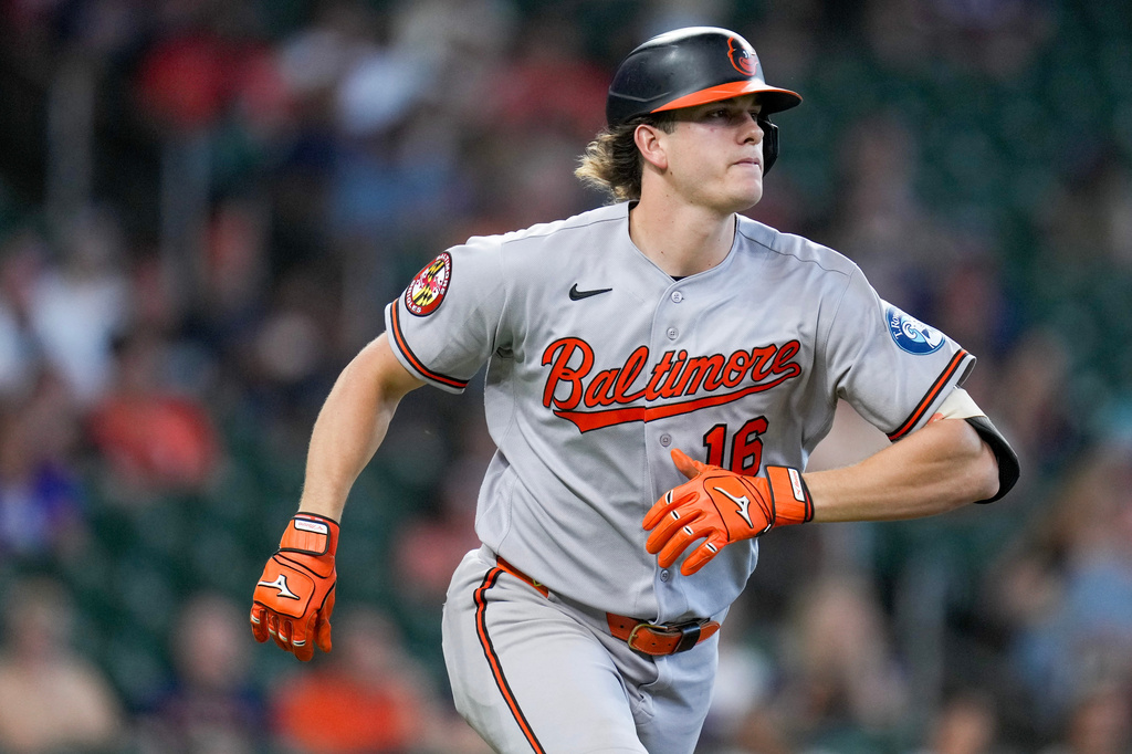 Baltimore Orioles' Coby Mayo watches his solo home run against the Houston Astros as he rounds the bases during the sixth inning of a baseball game Sunday, July 19, 2026, in Houston. (AP Photo/Eric Christian Smith)