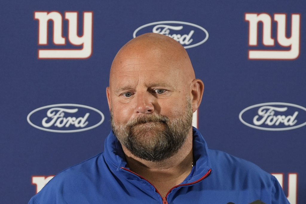 New York Giants head coach Brian Daboll speaking to members of the media after the end of an NFL football game, Sunday, Sept. 7, 2025, in Landover, Md. Commanders won 21-6. (AP Photo/Stephanie Scarbrough)
