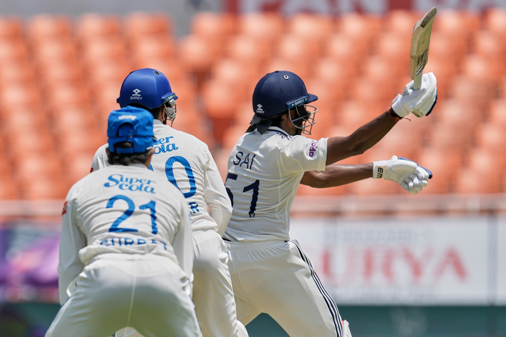 India's Sai Sudharsan bats on day one of the cricket test match between Afghanistan and India in New Chandigarh, India, Saturday, June 6, 2026. (AP Photo/Ashwini Bhatia)