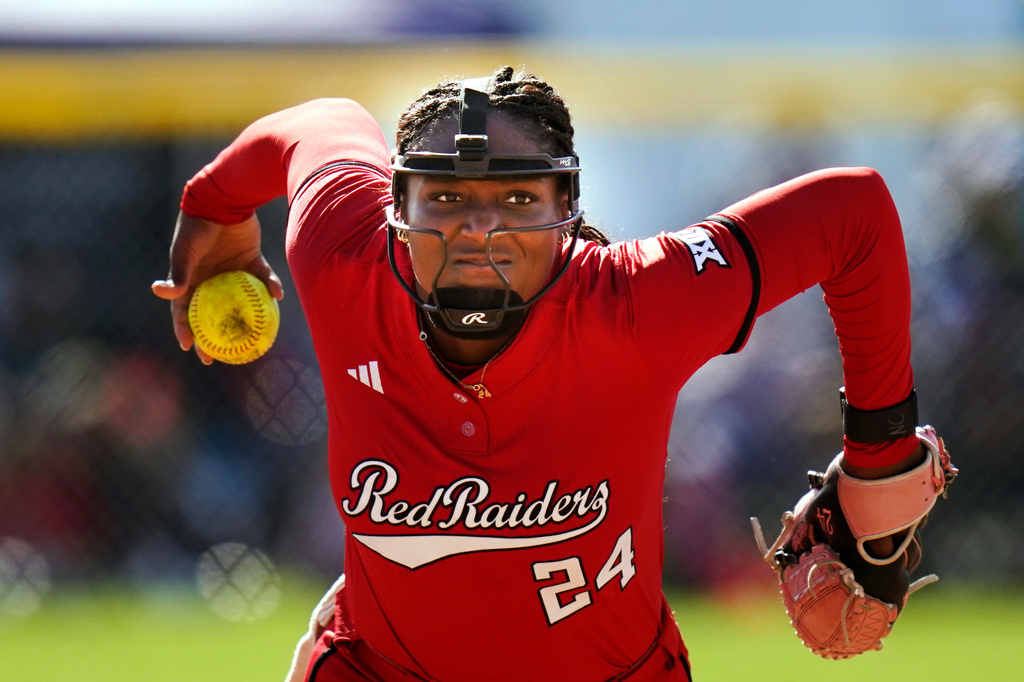 FILE - Texas Tech starting pitcher/relief pitcher Nijaree Canady (24) during an NCAA softball game against CS Fullerton on Saturday, Feb. 21, 2026, in Cathedral City, Calif. (AP Photo/Mike Buscher,File)