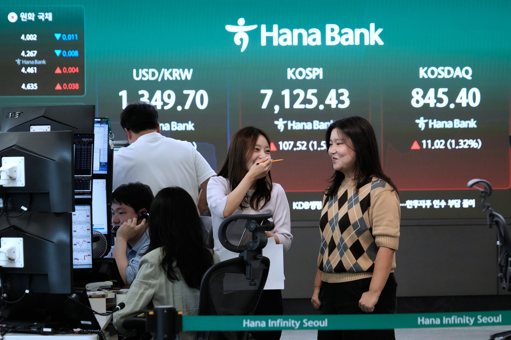 Currency traders work near a screen showing the Korea Composite Stock Price Index (KOSPI) and the foreign exchange rate between U.S. Dollar and South Korean Won at the foreign exchange dealing room of the Hana Bank headquarters in Seoul, South Korea, Wednesday, Sept. 23, 2026. (AP Photo/Ahn Young-joon)