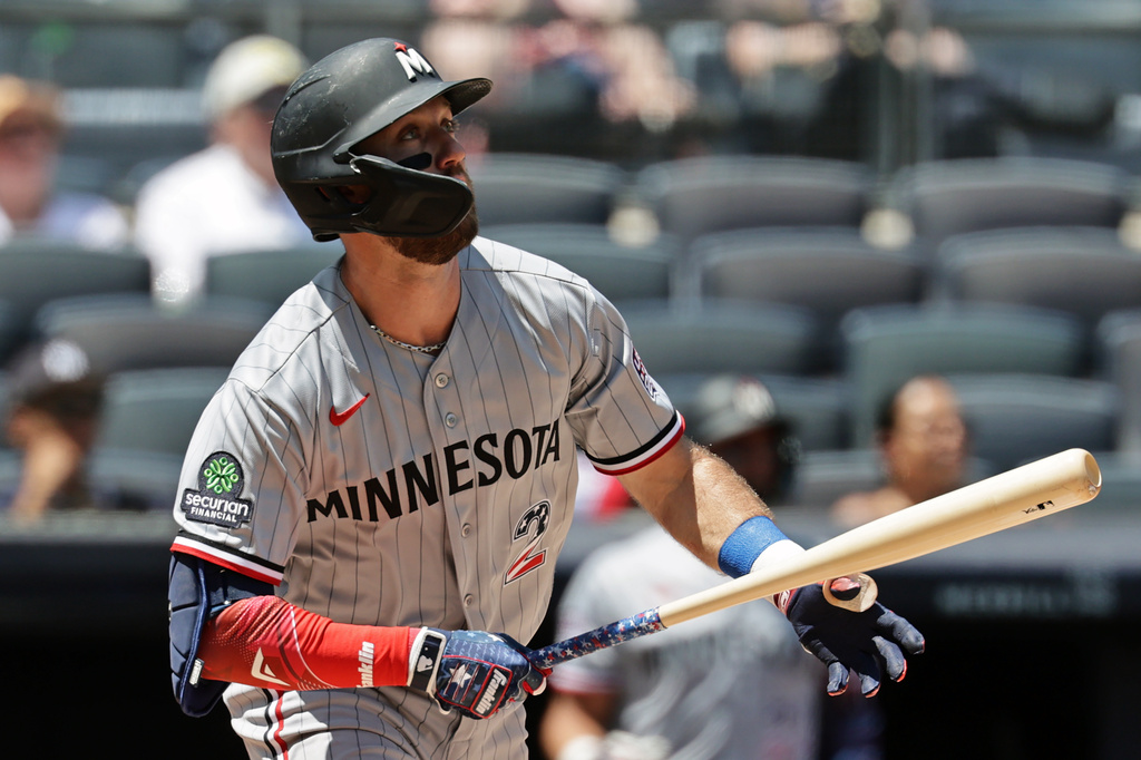 Minnesota Twins' Kody Clemens watches his two-run home run during the first inning of a baseball game against the New York Yankees, Saturday, July 4, 2026, in New York. (AP Photo/Adam Hunger)