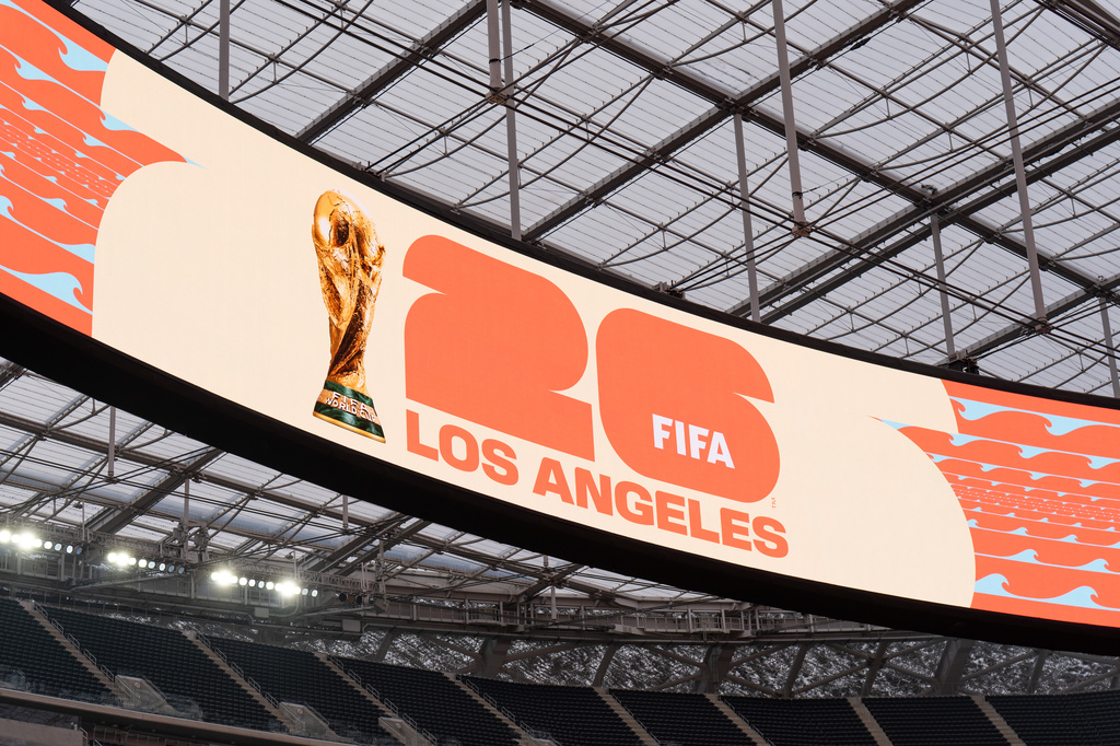 The FIFA World Cup 2026 Los Angeles logo is displayed during a media event for the upcoming FIFA World Cup at SoFi Stadium in Inglewood, Calif., Tuesday, May 12, 2026. (AP Photo/Jae C. Hong)