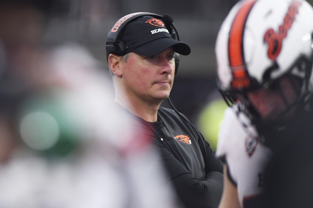 Oregon State head coach Trent Bray walks along the sidelines during the second half of an NCAA college football game against Texas Tech, Saturday, Sept. 13, 2025, in Lubbock, Texas. (AP Photo/Annie Rice)