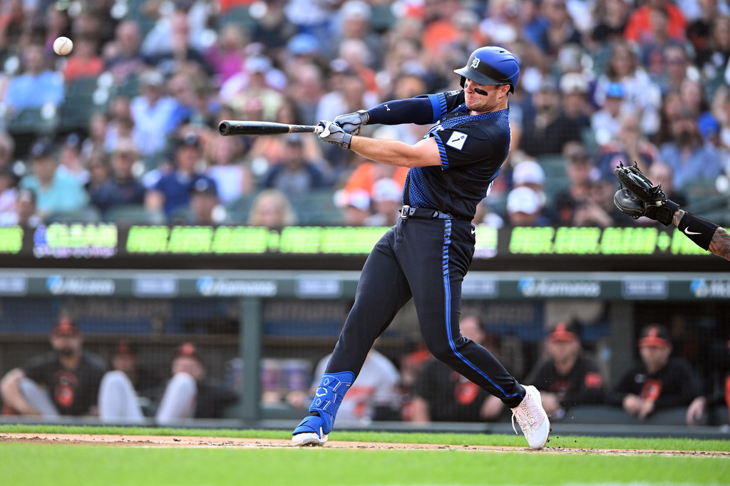 Detroit Tigers' Colt Keith singles during the first inning of a baseball game against the Baltimore Orioles, Monday, July 27, 2026, in Detroit. (AP Photo/Jose Juarez)