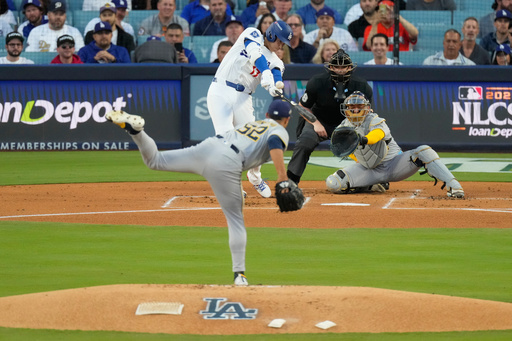 Los Angeles Dodgers' Shohei Ohtani hits a home run against the Milwaukee Brewers during the first inning in Game 4 of baseball's National League Championship Series, Friday, Oct. 17, 2025, in Los Angeles. (AP Photo/Mark J. Terrill) Los Angeles Dodgers' Shohei Ohtani hits a home run against the Milwaukee Brewers during the first inning in Game 4 of baseball's National League Championship Series, Friday, Oct. 17, 2025, in Los Angeles. (AP Photo/Mark J. Terrill)