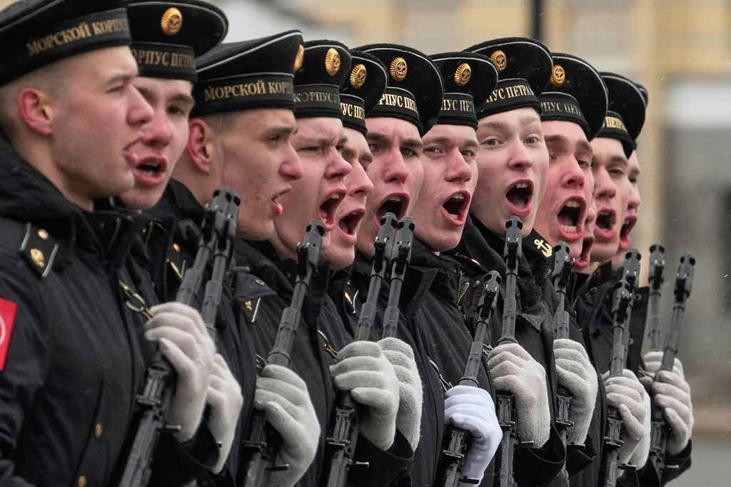 Navy cadets march during a rehearsal for the Victory Day military parade at the Dvortsovaya (Palace) Square in St. Petersburg, Russia, Tuesday, April 28, 2026. (AP Photo/Dmitri Lovetsky)