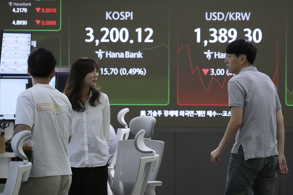 Currency traders work near a screen showing the Korea Composite Stock Price Index (KOSPI) and the foreign exchange rate between U.S. dollar and South Korean won, top right, at the foreign exchange dealing room of the Hana Bank headquarters in Seoul, South Korea, Thursday, Sept. 4, 2025. (AP Photo/Ahn Young-joon)