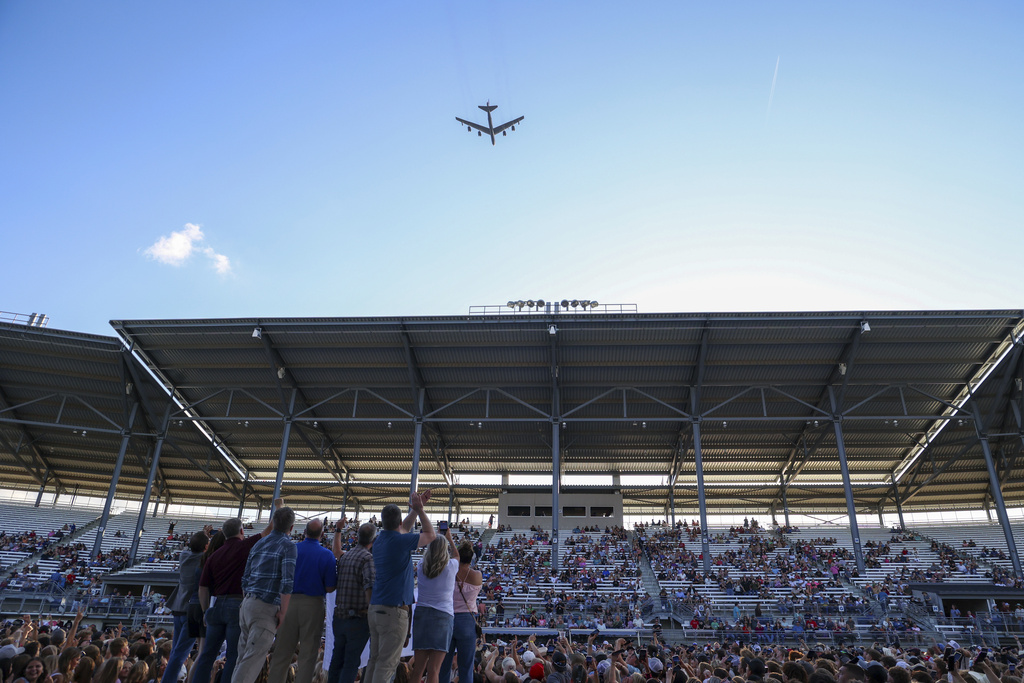 FILE - This photo provided by the North Dakota Governor's Office shows a B-52 bomber from Minot Air Force Base in a flyover at the North Dakota State Fair on July 18, 2025, in Minot, N.D. (North Dakota Governor's Office via AP, File)