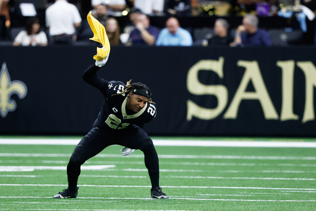 New Orleans Saints safety Justin Reid reacts before an NFL football game against the New England Patriots, Sunday, Oct. 12, 2025, in New Orleans. (AP Photo/Butch Dill)