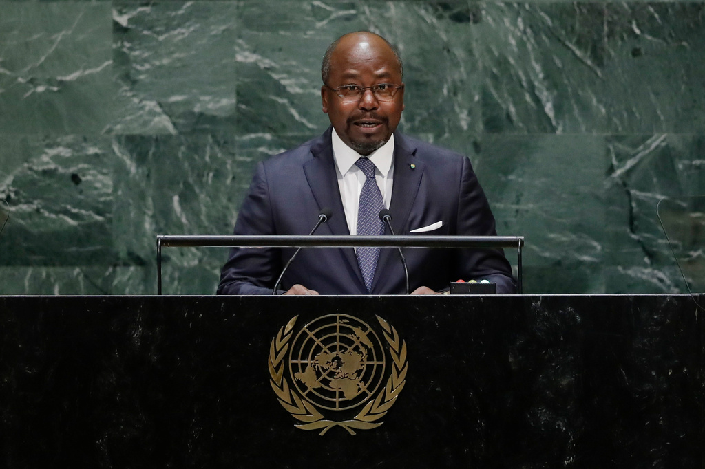 FILE - Foreign Minister for Gabon Alain-Claude addresses the 74th session of the United Nations General Assembly, Thursday, Sept. 26, 2019, at the United Nations headquarters. (AP Photo/Frank Franklin II, File)