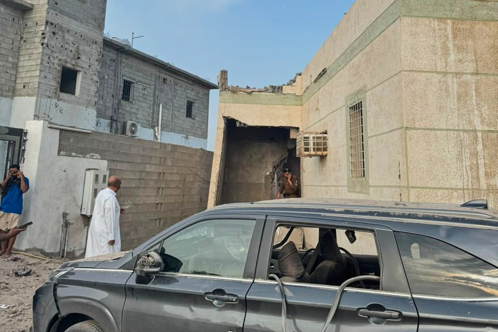 This photo provided by the Saudi Press Agency shows damage to a building after a projectile fell in Al-Tawwal, Jazan, Saudi Arabia, on the southern border with Yemen, Saturday, Sept. 12, 2026. (Saudi Press Agency via AP)