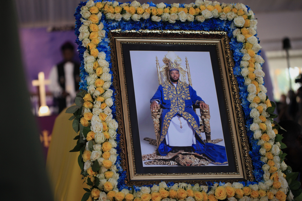 A portrait of Tooro's King Oyo Nyimba is displayed inside St. John's Cathedral in Fort Portal, Uganda, near the Congo border, Saturday, Sept. 12, 2026. (AP Photo/Patrick Onen)