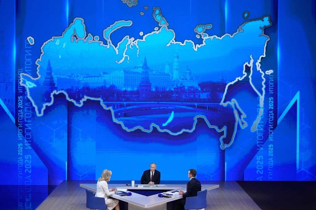 Russian President Vladimir Putin speaks during his annual news conference and call-in show at Gostinny Dvor, in Moscow, on Friday, Dec. 19, 2025. (AP Photo/Pavel Bednyakov)