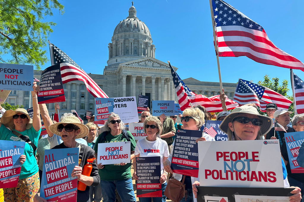 FILE - Protesters against a Missouri congressional redistricting plan gather outside the Missouri Capitol on May 12, 2026, in Jefferson City, Mo. (AP Photo/David A. Lieb, File)