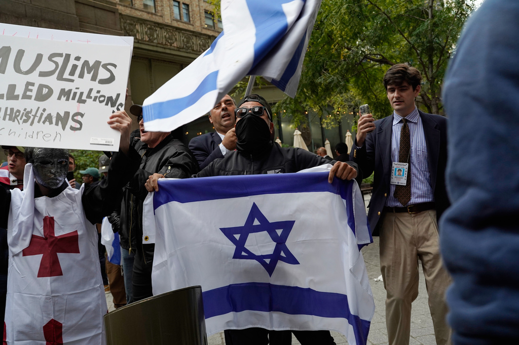 Demonstrators gather to protest following Israeli Prime Minister Benjamin Netanyahu's address at the 81st session of the United Nations General Assembly, Thursday, Sept. 24, 2026, in New York. (AP Photo/Madison Swart)