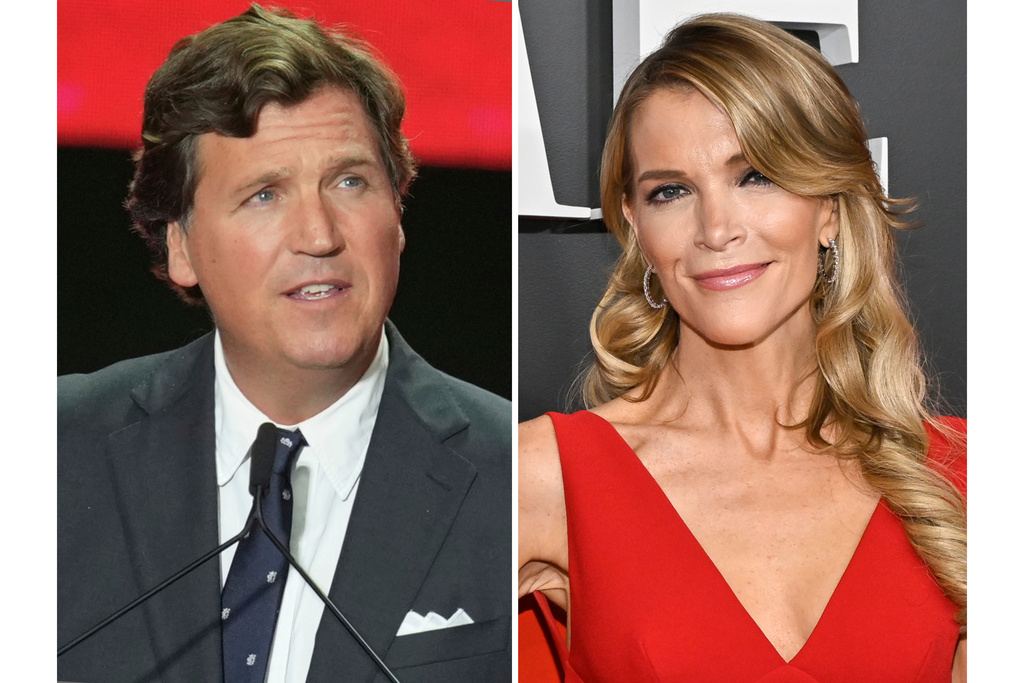 Tucker Carlson speaks at a memorial for Charlie Kirk in Glendale, Ariz., on Sept. 21, 2025, left, and Megyn Kelly appears at the Time100 Gala in New York on April 24, 2025, (AP Photo)