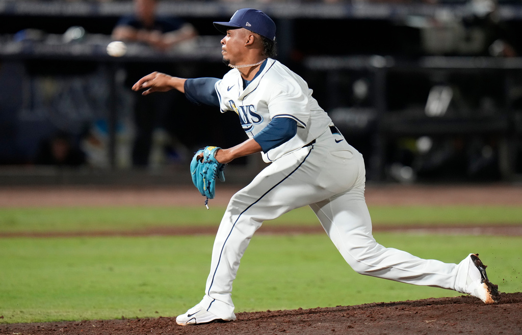FILE - Tampa Bay Rays pitcher Edwin Uceta against the Boston Red Sox during the eighth inning of a baseball game Sunday, Sept. 21, 2025, in Tampa, Fla. (AP Photo/Chris O'Meara,File)