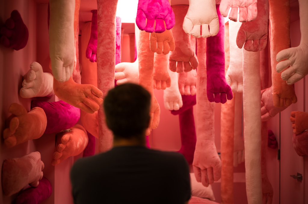 A visitor views an installation by Nathalie Auzepy during the "Hospital of Emotions" exhibition inside a former hospital building in Los Angeles, Wednesday, July 22, 2026. (AP Photo/Jae C. Hong)