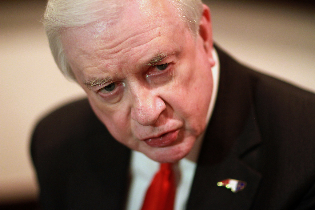 FILE - Former North Carolina Gov. Jim Hunt speaks to the media at the Marriott hotel, in downtown Greensboro, N.C., Jan. 28, 2012, before The North Carolina Democratic Party's Sanford-Hunt-Frye Dinner, a fundraising event. (AP Photo/Ted Richardson, File)