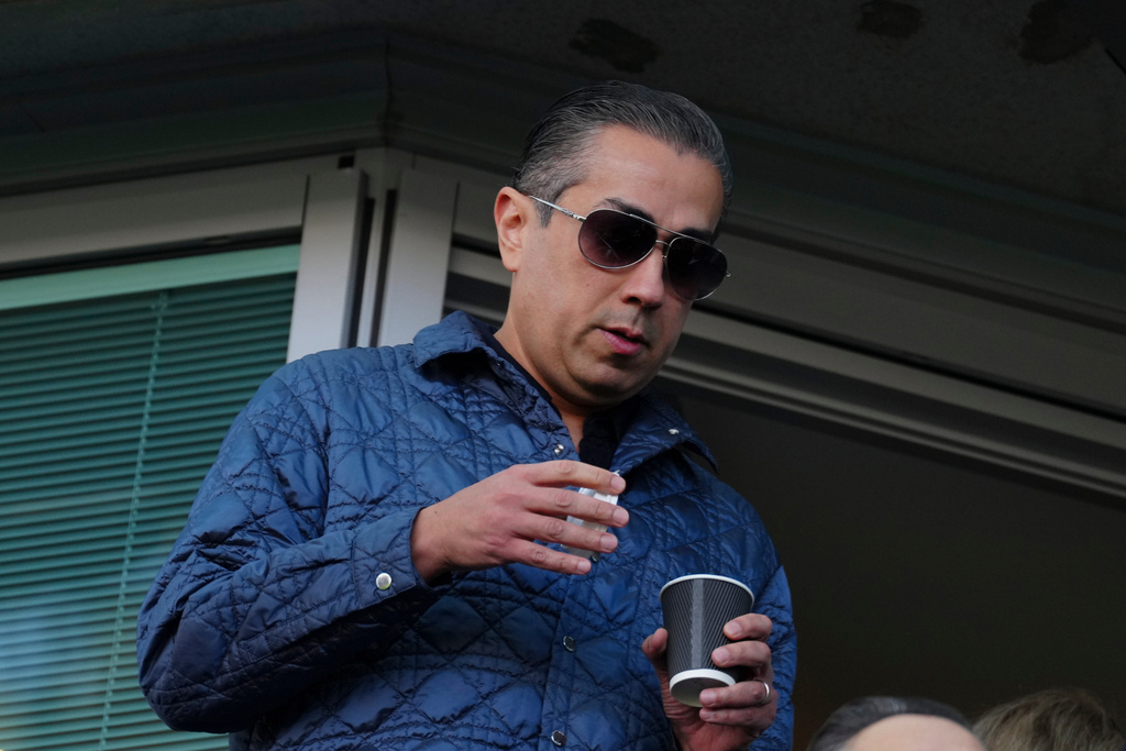 FILE - Chelsea co-owner Behdad Eghbali watches before the start of the English Premier League soccer match between Chelsea and Newcastle at Stamford Bridge in London, Sunday, Oct. 27, 2024. (AP Photo/Dave Shopland, File)