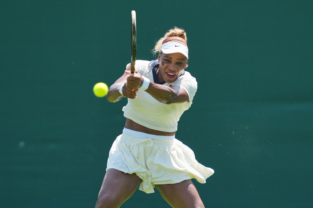 Serena Williams of the United States plays a return during a practice session ahead of the Wimbledon Tennis Championships, in London, Wednesday, June 24, 2026. (AP Photo/Kin Cheung)
