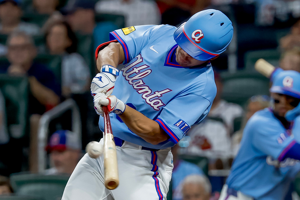 Atlanta Braves designated hitter Drake Baldwin hits a two-run double against the Philadelphia Phillies during the fourth inning of a baseball game, Saturday, Sept. 12, 2026, in Atlanta. (AP Photo/Erik S. Lesser)