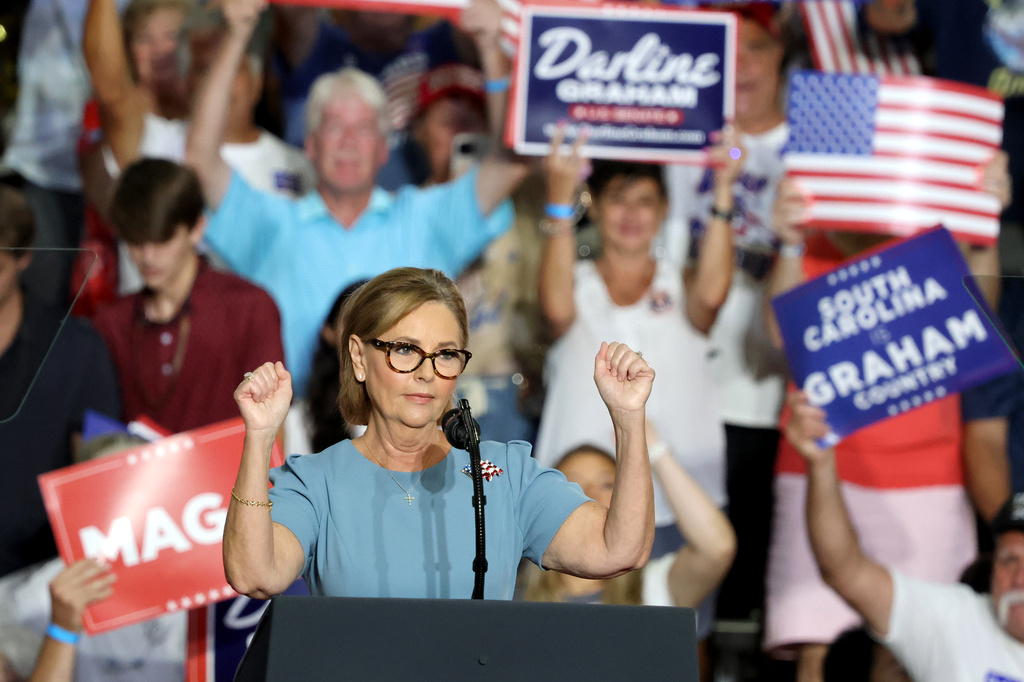 Sen. Darline Graham, R-S.C., speaks to her supporters before President Donald Trump arrives to speak during a campaign event at the Myrtle Beach Convention Center in Myrtle Beach, S.C., Friday, Aug. 21, 2026. (AP Photo/Mic Smith)