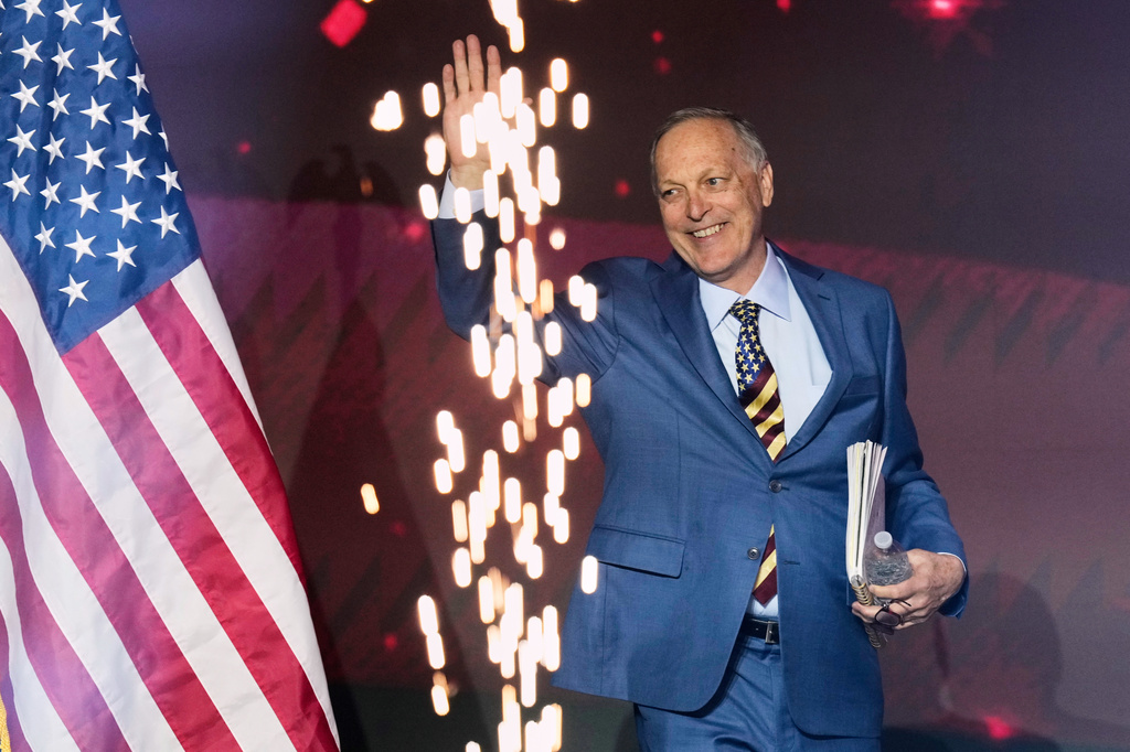 Rep. Andy Biggs, R-Ariz., candidate for Arizona governor, speaks at a Turning Point USA event Friday, April 17, 2026, in Phoenix. (AP Photo/Ross D. Franklin)