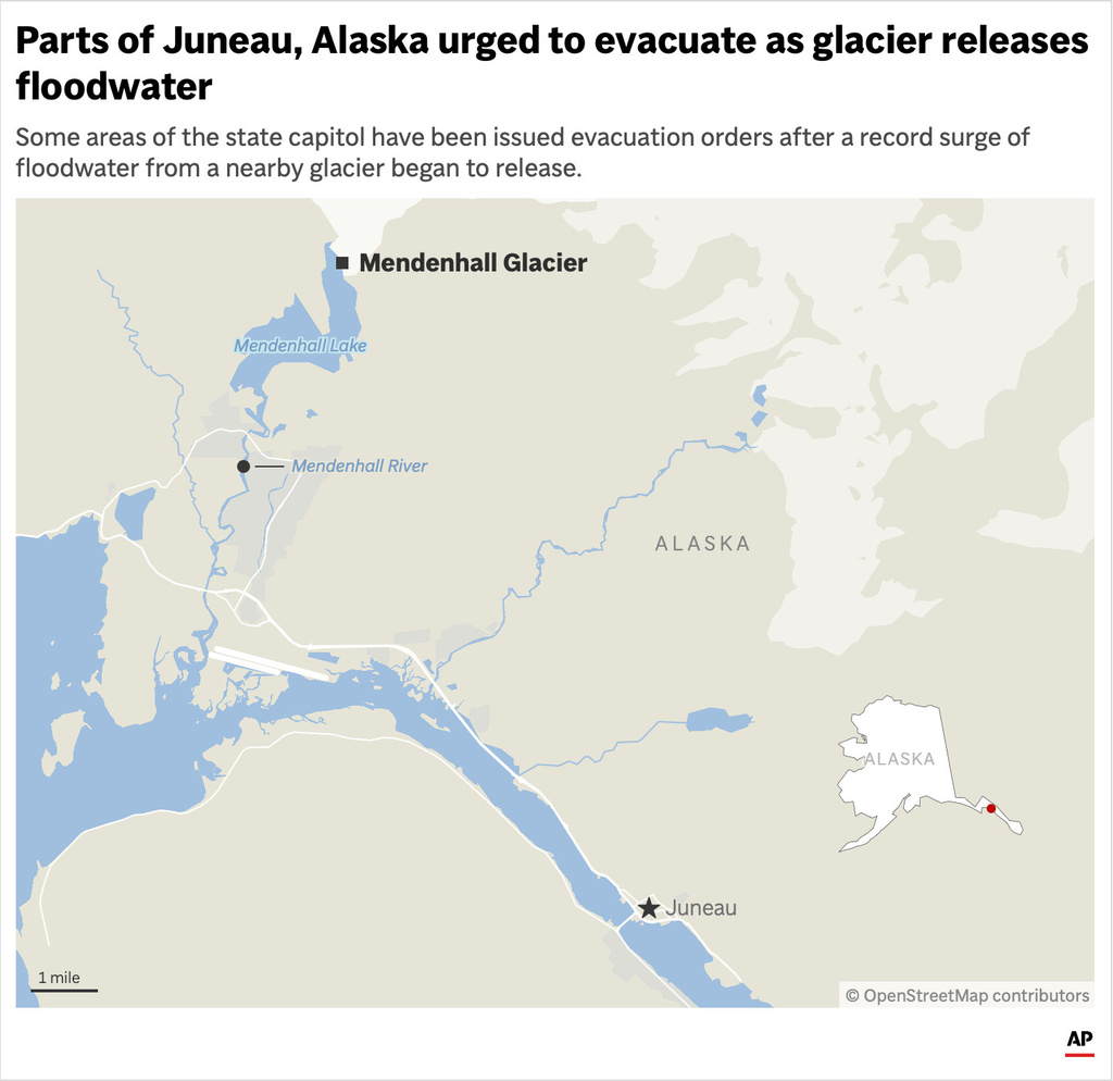 The map above locates Mendenhall Glacier, which has begun releasing floodwater toward Juneau, Alaska, where some areas have been urged to evacuate. (AP Digital Embed)