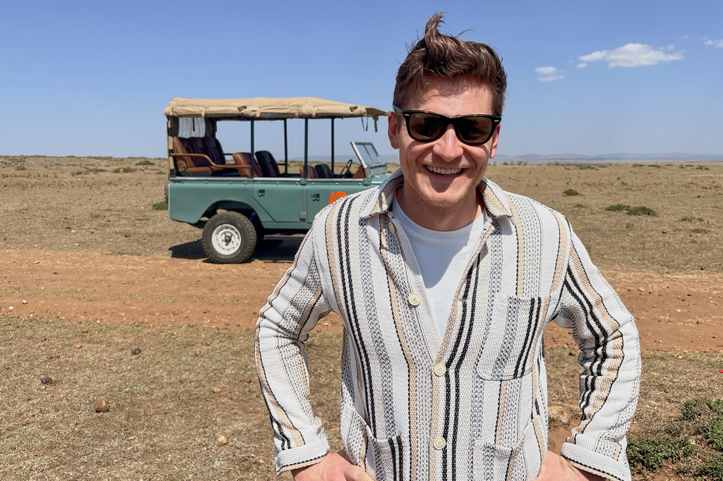 In this photo taken with a smartphone, Loic Amado, founder of Emboo Camp and Era Lab, speaks with The Associated Press during an interview in the Maasai Mara, Kenya, Saturday, Aug. 29, 2026. (AP Photo/Allan Olingo)