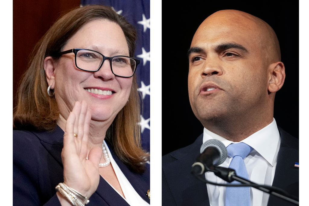 This combination of photos shows Rep. Julie Johnson, D-Texas, being sworn in on Jan. 3, 2025, in Washington, left, and Rep. Colin Allred, D-Texas, speaking on Nov. 5, 2024, in Dallas. (AP Photo/Jacquelyn Martin, Tony Gutierrez)
