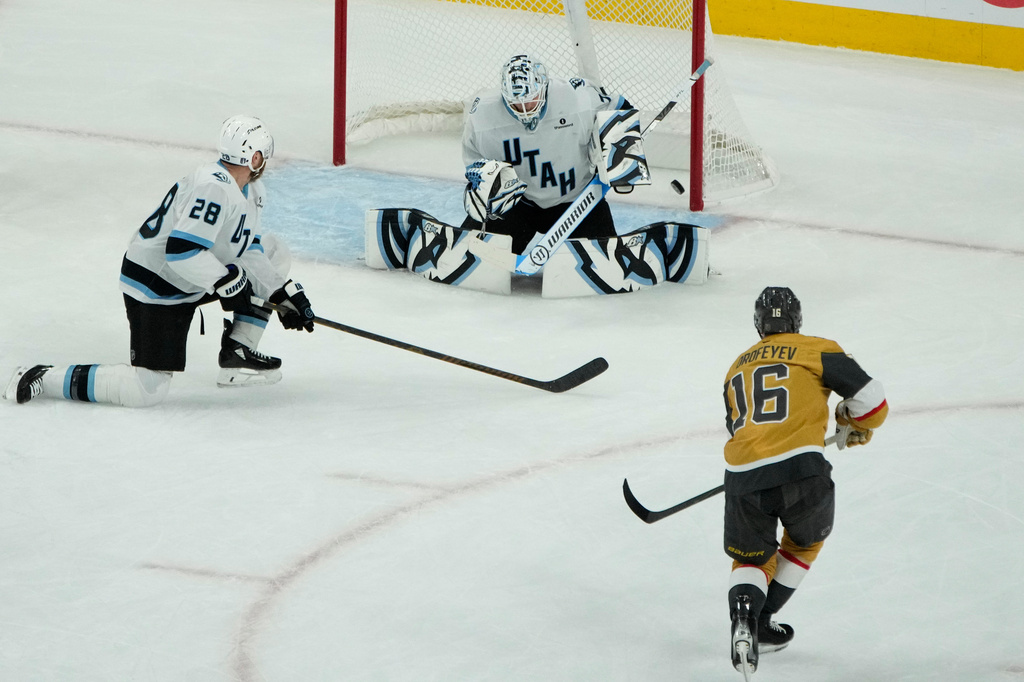 Vegas Golden Knights right wing Pavel Dorofeyev (16) scores against Utah Mammoth goaltender Karel Vejmelka (70) during the first period of Game 5 of a first-round NHL hockey Stanley Cup playoff series Wednesday, April 29, 2026, in Las Vegas. (AP Photo/John Locher)