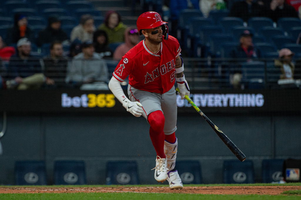 Los Angeles Angels' Zach Neto watches his single off Cleveland Guardians relief pitcher Matt Festa during the seventh inning of a baseball game, Monday, May 11, 2026, in Cleveland. (AP Photo/Phil Long)