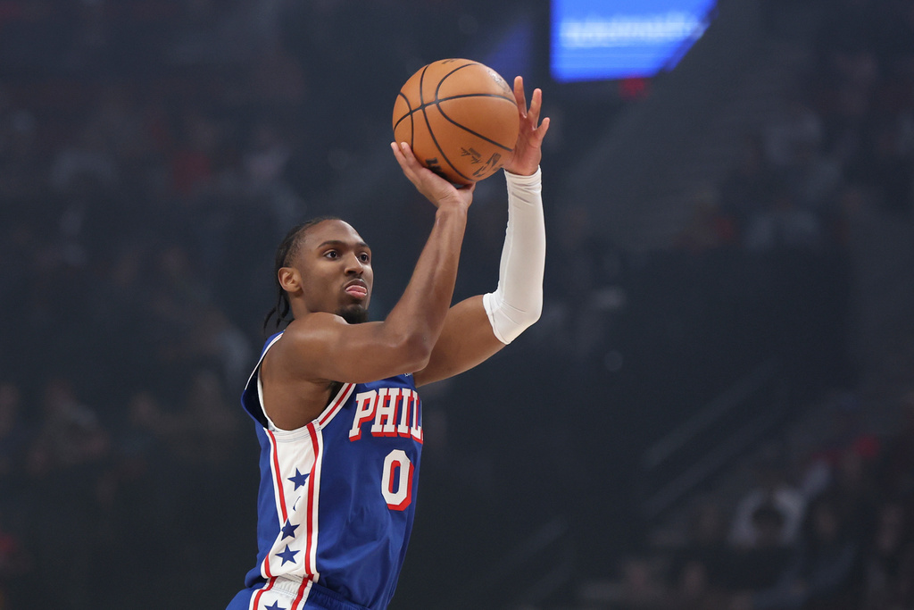 Philadelphia 76ers guard Tyrese Maxey looks to shoot against the Portland Trail Blazers during the first half of an NBA basketball game Monday, Feb. 9, 2026, in Portland, Ore. (AP Photo/Amanda Loman)