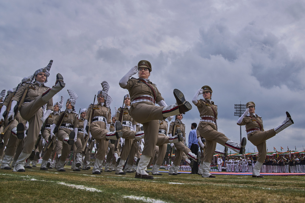 Indian policewomen march during India's Independence Day celebrations in Srinagar, Indian controlled Kashmir, Friday, Aug. 15, 2025. (AP Photo/ Dar Yasin)