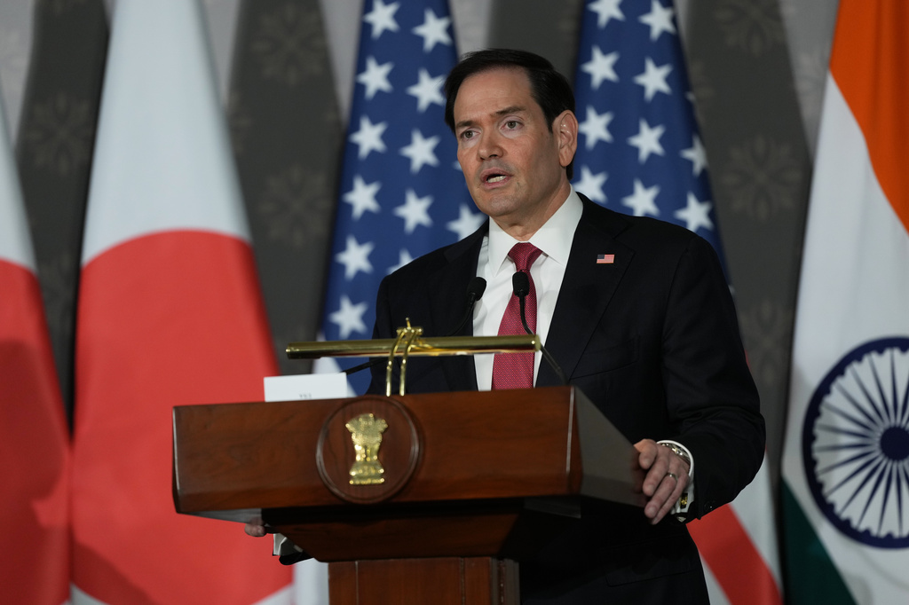 U.S. Secretary of State Marco Rubio speaks to reporters following a Quad ministerial meeting at Hyderabad House in New Delhi, India, Tuesday, May 26, 2026.(AP Photo/Julia Demaree Nikhinson, Pool)