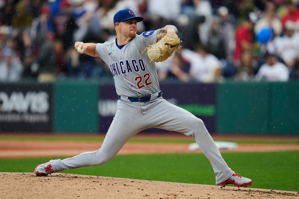 Chicag Cubs' Cade Horton pitches in the first inning of a baseball game against the Cleveland Guardians in Cleveland, Friday, April 3, 2026. (AP Photo/Sue Ogrocki)