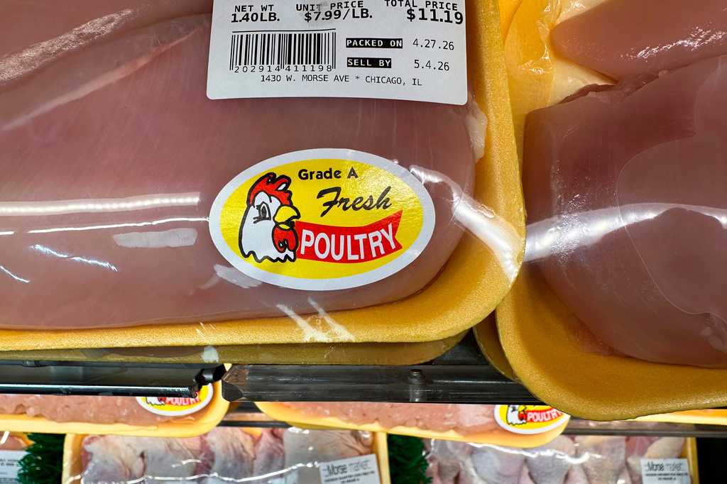 FILE - Chicken is displayed for sale at a grocery store Wednesday, April 29, 2026, in Chicago. (AP Photo/Erin Hooley, File)