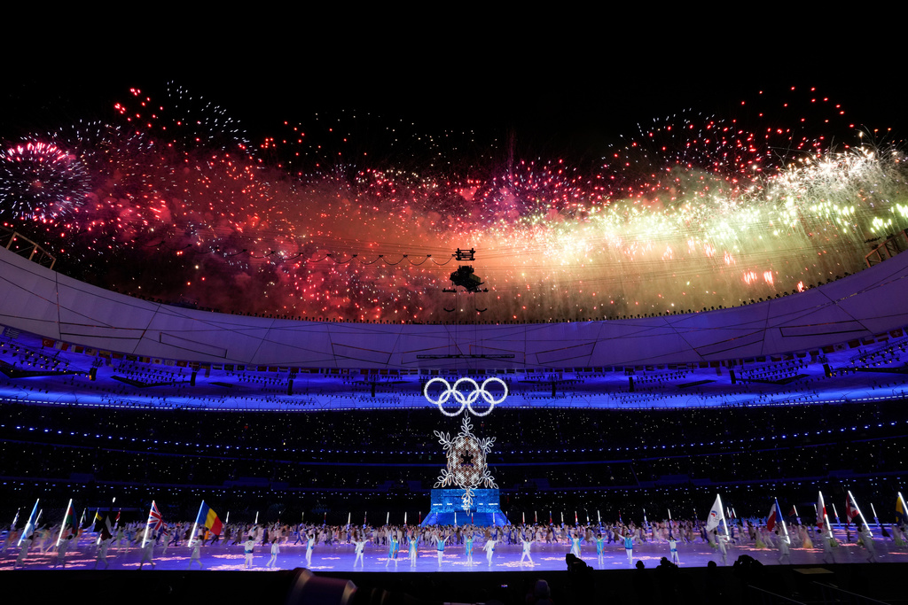 FILE - Fireworks explode during the closing ceremony of the 2022 Winter Olympics, Feb. 20, 2022, in Beijing. (AP Photo/Bernat Armangue, File)