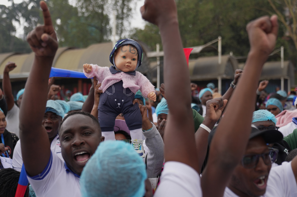 Kenyan nurses and other health workers demonstrate over low pay in Nairobi, Kenya Tuesday, Sept. 8, 2026. (AP Photo/Brian Inganga)