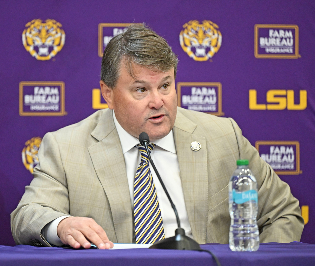 LSU board of supervisors chair Scott Ballard speaks during a press conference to discuss the change in the LSU athletic department leadership, Friday, Oct. 31, 2025, in Baton Rouge, La. (Hilary Scheinuk/The Advocate via AP)