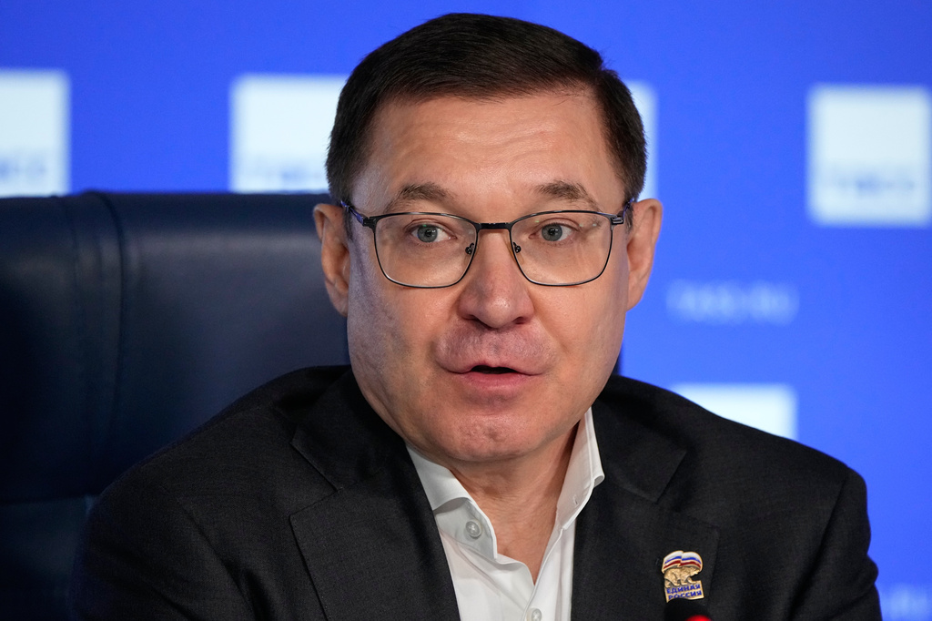 Vladimir Yakushev, a secretary of the General Council of the United Russia party, speaks during a news conference following parliamentary elections, in Moscow, Russia, Monday, Sept. 21, 2026. (AP Photo/Alexander Zemlianichenko)