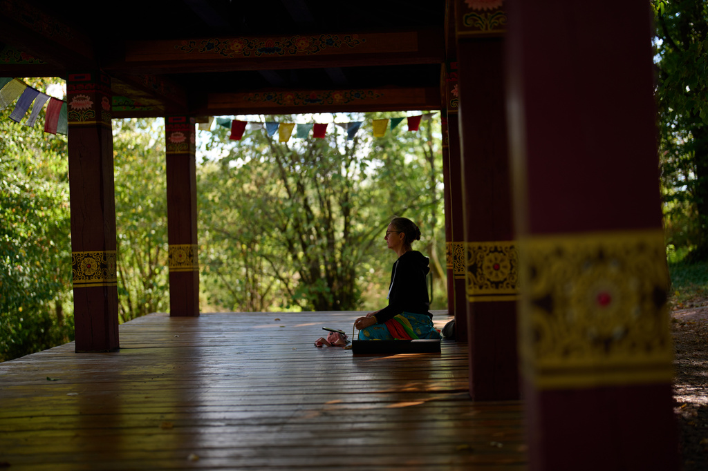 Tetyana Shevchenko meditates in the botanical gardens during an air raid alarm in Kyiv, Wednesday, Sept. 2, 2026. (AP Photo/Francisco Seco)