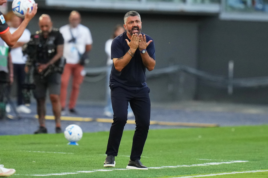 Lazio's head coach Gennaro Gattuso calls out to his players during a Serie A soccer match between Lazio and AC Milan, in Rome, Saturday, Sept. 12, 2026. (AP Photo/Alessandra Tarantino)