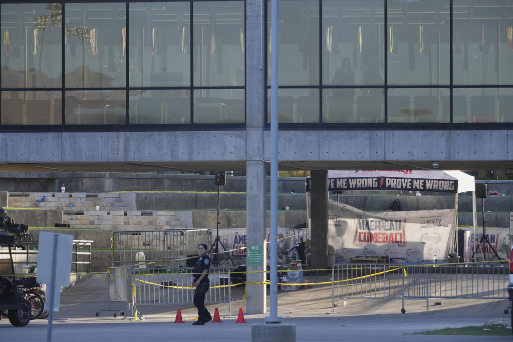 Police barricades and tape is set up at Utah Valley University a day after Charlie Kirk was shot and killed, in Orem, Utah, Thursday, Sept. 11, 2025. (AP Photo/Lindsey Wasson)