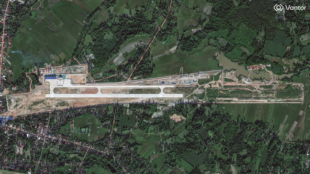 This satellite image provided by Vantor shows shows Ben Keun airport in Laos, Cambodia, Sept. 30, 2026. (Satellite image &copy;2026 Vantor via AP)