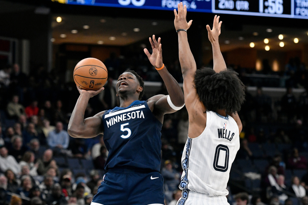 Minnesota Timberwolves guard Anthony Edwards (5) shoots against Memphis Grizzlies forward Jaylen Wells (0) in the first half of an NBA basketball game Monday, Feb. 2, 2026, in Memphis, Tenn. (AP Photo/Brandon Dill)
